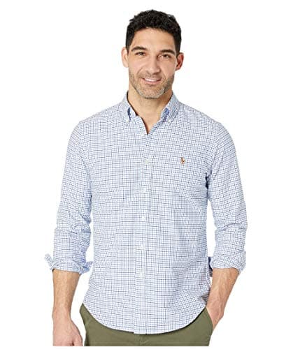 Image of Polo Ralph Lauren Mens Classic Fit Garment-Dyed Oxford Shirt, Blue/White, XL