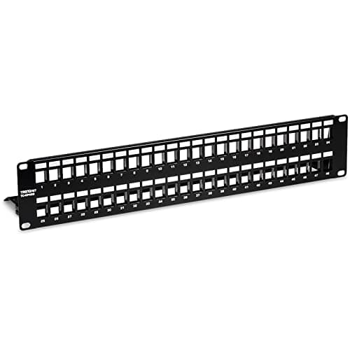 Image of TRENDnet 48-Port Blank Keystone Shielded 2U HD Patch Panel, TC-KP48S, Cat 6A/6/5e/5, Recommended with TC-K06C6A Cat6A Keystone Jacks, 2U 19 Inch Metal RackMount Design, Cable Management Panel