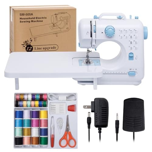 Image of Sewing Machine 505 for Beginners with Expansion Table Large Heavy Duty Sewing Machines for Adult and Kids Ages 8-12 Easy Sewing with Foot Pedel 12 Builit-in Stitches (White and Blue)