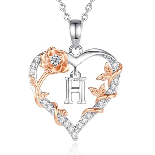 Image of EUDORA Harmony Ball Rose Heart Initial H Necklace for Women Letter H Alphabet Initial Necklaces Copper Rhodium Plated Pendant with Cubic Zirconia, Initials Jewelry Gifts for Women Wife 18"