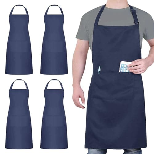 Image of atopo 4 Packs Chef Apron, Waterproof Catering Apron with 2 Pockets, Adjustable Work Aprons Perfect for Kitchen Cooking Painting Gardening Cleaning Restaurant BBQ, Personalised Apron (Navy Blue)