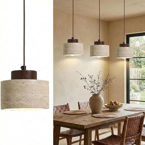 Image of Chandelier Ceiling Light, Natural Stone Cylinder Pendant Lights for Kitchen Island & Dining Room, Nordic Travertine Hanging Light with Wood Accents, Small E27 Pendant (Walnut Color 1 Item,12X11CM)
