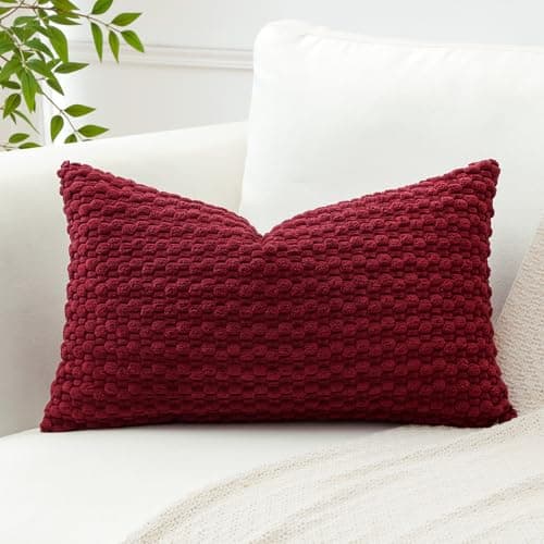 Image of Artscope Pom Poms Decorative Corduroy Cushion Cover 30x50cm Super Soft Boho Striped Lumbar Pillow Covers Case Geometric for Sofa Couch Bedroom Car Decor Set of 1, Wine Red
