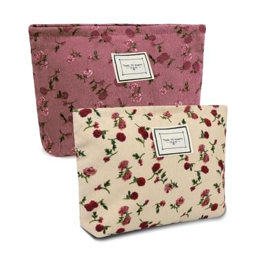 Image of 2pcs Floral Makeup Bags, Toiletries Bag for Women, Rose Flower Printing Corduroy Toiletry Bag - Large Capacity and Portable, Travel Makeup Bag Suitable for Ladies and Girls