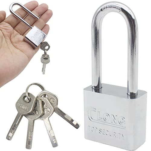 Image of LRMYS Heavy Duty Steel Long Shackle Padlocks, Outdoor Waterproof Steel Safe Padlock with 4 Keys for Travel Bags Cabinets Gym Lockers Toolbox Garden Shed Garage Fence Storage Units, Silver 1 Pack