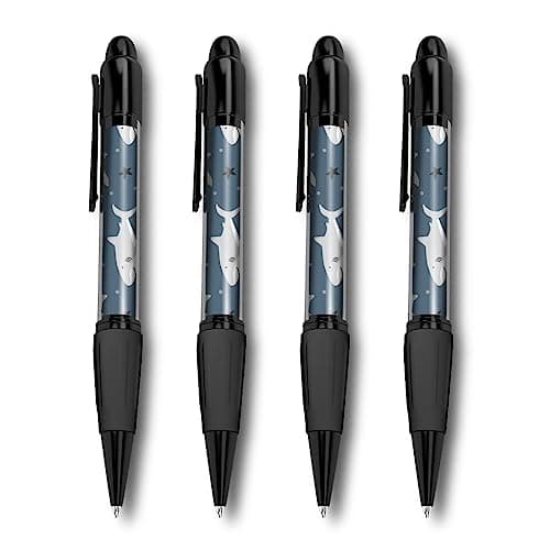 Image of Set of 4 Black Ballpoint Pens (Photo Insert) - Shark Great White Stars Boys Kids - Soft Feel Finger Grip #170868