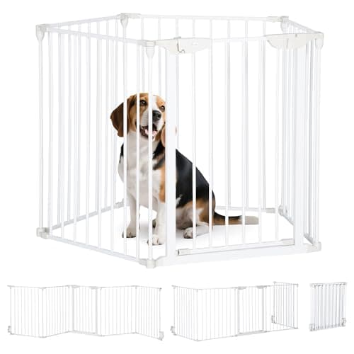 Image of PawHut Pet Safety Gate 5 Panels Playpen Metal Fence w/ Walk Through Door - White