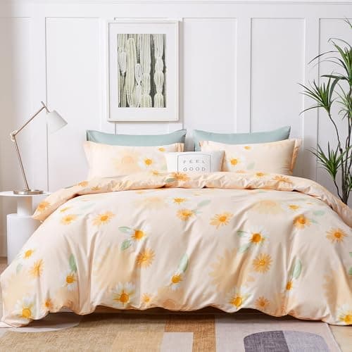 Image of SAPHREAS Daisy Printed Duvet Cover Set 100% Cotton Floral Comforter Cover Set 1 Duvet Cover 2 Pillow Shams King Size