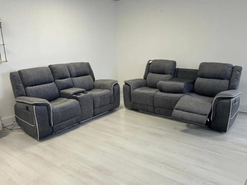 Image of Hannah Electric Recliner 3+2 Sofa Set With Cupholders – 3+2 Seater – Soft Grey Micro Fabric – LED Lights & USB Ports (3+2 Seater)