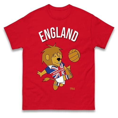 Image of World Cup Willie England 1966 T Shirt, England World Cup Winners 1966 Tee Shirt, Retro Football Tshirt Red