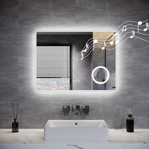 Image of ELEGANT LED Bathroom Mirror with Shaver Socket and 3x Magnifier, Bluetooth Wall Mounted Vanity Mirror with 3 Colour Dimmable Lights, Anti-Fog, Touch Switch & Memory Function, IP44, 800 x 600 mm