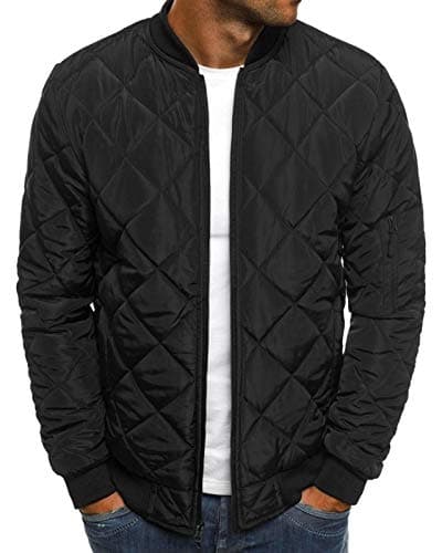 Image of Pretifeel Mens Bomber Jackets Diamond Quilted Fall Winter Rib Varsity Lightweight Coat, 01 Black, M