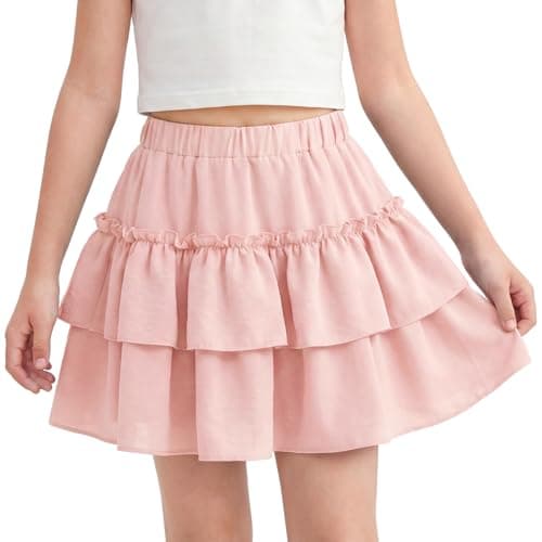 Image of Valcatch Girls High Waisted Ruffle Tiered Skirt with Shorts Teens Mini A-Line Layered Skater Tennis Skort for Casual School Party Sportwear 5-14 Years Pink
