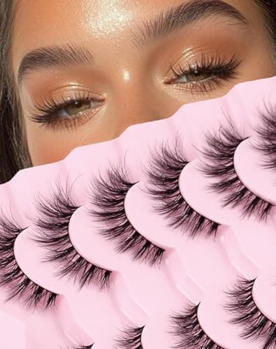 Image of Onlyall False Eyelashes Cat Eye Lashes Volume Fake Lash Wispy Mink Lashes Fluffy Natural Eyelash Thin Cotton Band C Curl Soft Lash Pack 7 Pairs 15mm D35
