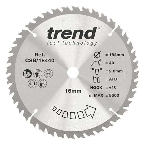 Image of Trend Wood Circular Saw Blade, 184mm Diameter, 16mm Bore, 40 Teeth, 2.6mm Kerf, +10° Hook, TCT, Fine Finish, CSB/18440