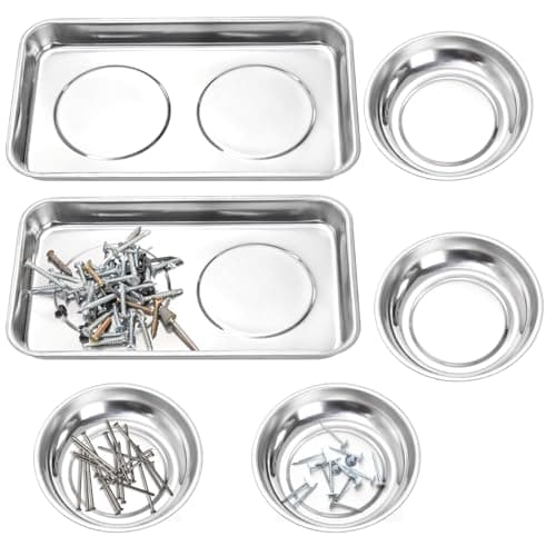 Image of Okllen 6 Pcs Magnetic Parts Tray Set, Stainless Steel Heavy Duty 9.5"W x 5.5''L Square and 4 1/4" Round Extra Strong Magnetic Tool Trays Holder for Socket Screw Nuts Bolts Metal Parts