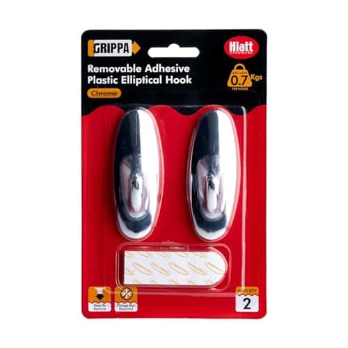 Image of GRIPPA Self Adhesive Elliptical Hooks, Removable Sticky Hooks, Holds Up to 0.7kg - Chrome Pack of 2