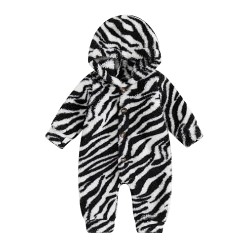 Image of Himllauen Infant Baby Boys Girls Plush Jumpsuit Animal Heart Print Long Sleeve Hooded Jumpsuit Warm Button Down Bodysuit for Newborn Unisex Winter (Black White Zebra, 0-3 Months)