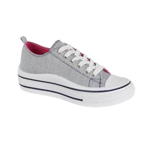 Image of Urban Jacks Ladies Lace Up Platform Sole Canvas Baseball Sneakers 4-8 (Navy Stripe, UK Footwear Size System, Adult, Women, Numeric, Medium, 6)