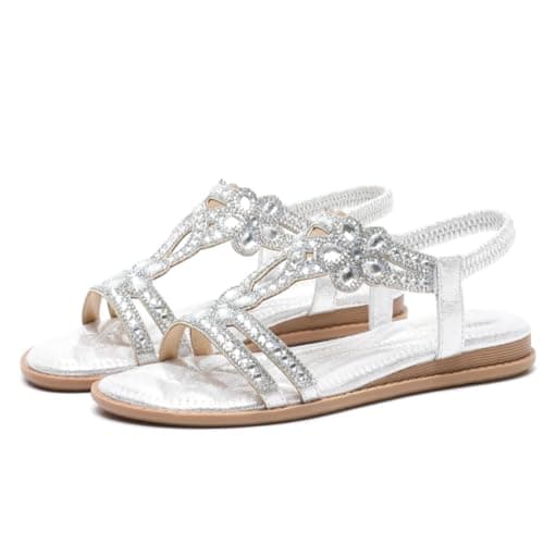 Image of ZAPZEAL Women's Flat Sandals Ladies Bohemian Beaded Strap Shoes Diamante Rhinestone Toe Post Sandals for Ladies (G-Silver, Adult, Women, 6, Numeric, UK Footwear Size System, Medium)