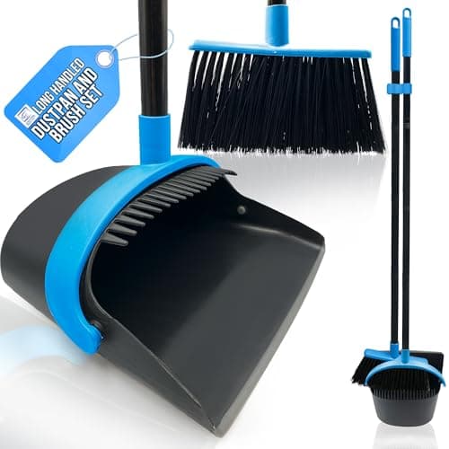 Image of Long Handled Dustpan and Brush Set with Built In Brush Cleaner - Indoor Broom and Dustpan Set for Floor Cleaning Tall Dust Pan and Brush - Indoor Dustpan and Brush Sets (Black and Blue)