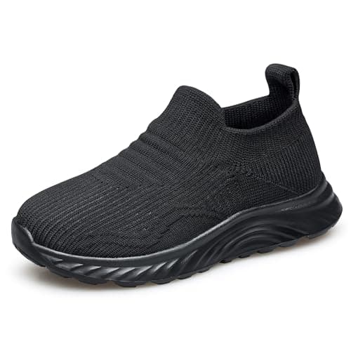 Image of HOIYHEK Boys Girls Trainers - Laceless Slip-On Shoes for School Kids Walking Shoes Lightweight Sport Sneakers for Big Kid Size 2 Black