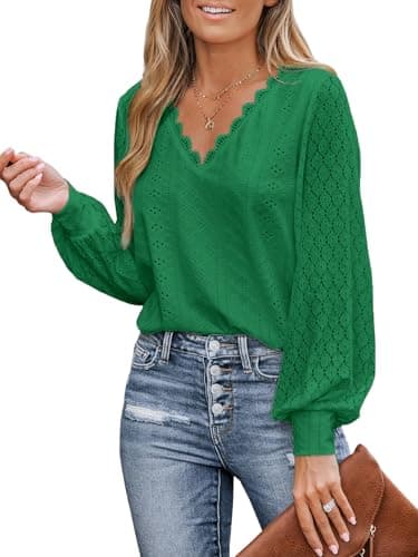 Image of CUPSHE Women Blouse Cutout Scalloped Lace Top Long Lace Sleeves V Neck Banded Cuffs Chic Elegance Shirt, Emerald Green, L