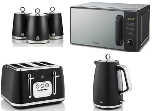 Image of Swan Serenity Black 1.7L 3KW Kettle, 4 Slice Toaster, Tea, Coffee, Sugar Canisters and 20L 800W Digital Microwave SM4421BLK. Contemporary Design Matching Kitchen Set with a Sleek Black Finish