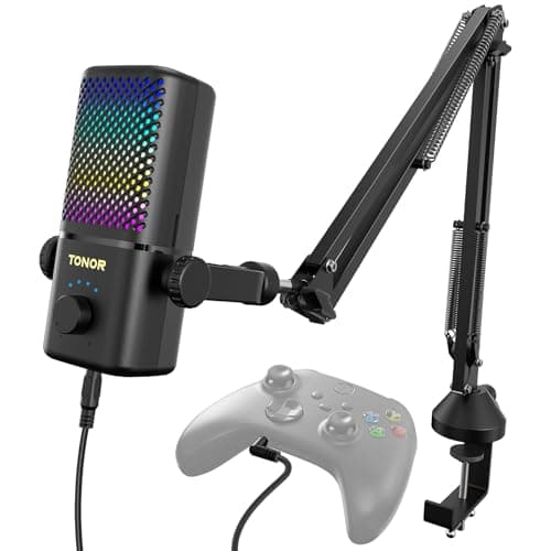 Image of TONOR Gaming Microphone Compatible with Xbox, RGB Condenser Streaming Mic, Low Noise, Gain Control, One Tap Mute, Compatible with Capture Card, 200 cm Cable, Boom Arm, Black, TCX3+