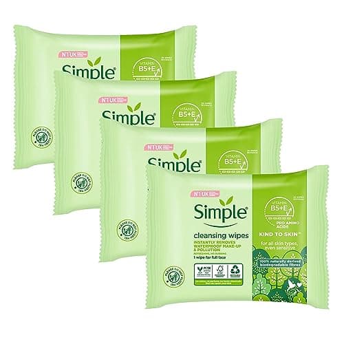 Image of Simple Sensitive Skin Experts Kind To Skin Cleansing Facial Wipes, Waterproof Mascara Remover, Even Softer, 25 Count, (4 Pack)