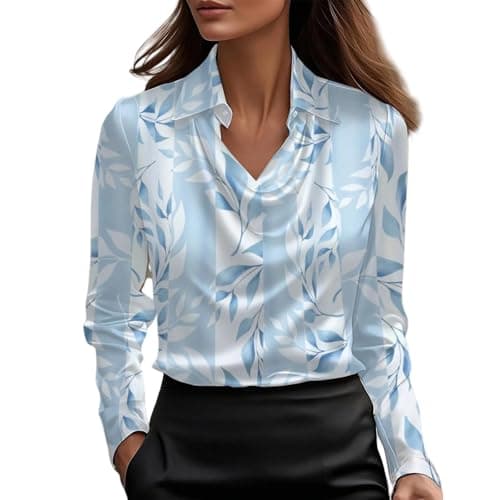 Image of Satin Blouses for Women Dressy Cowl Neck Collared Long Sleeve Tops Vintage Floral Print Shirt(Light Blue, M)