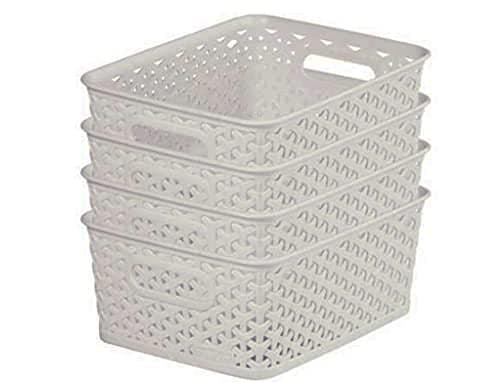 Image of Curver My Style Rattan Effect Set of 4 Kitchen, Living room, Bathroom, Bedroom, Utility Small Rectangular Storage Baskets 4 Litres - Light Grey