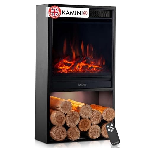 Image of KAMINIO Electric Fireplace HUGO - Electric Stove with Heater, 3D Flame Effect, LED Mood Light, Wood Storage Compartment, Remote Control (Black)
