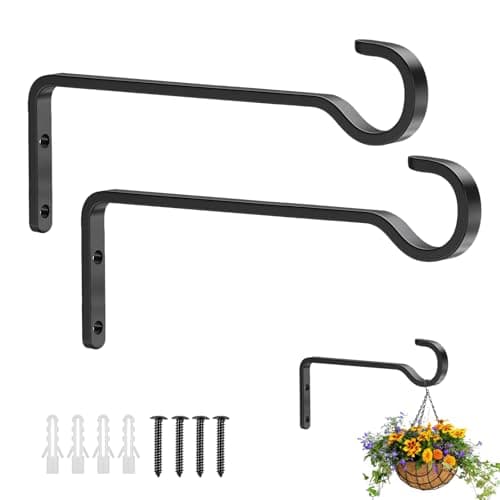 Image of THINTON 2 Pack 20cm Hanging Basket Bracket, Black Metal Wall Brackets for Indoor & Outdoor Use, Hanging Plants, Wind Chimes, Bird Feeders, and Bird Houses