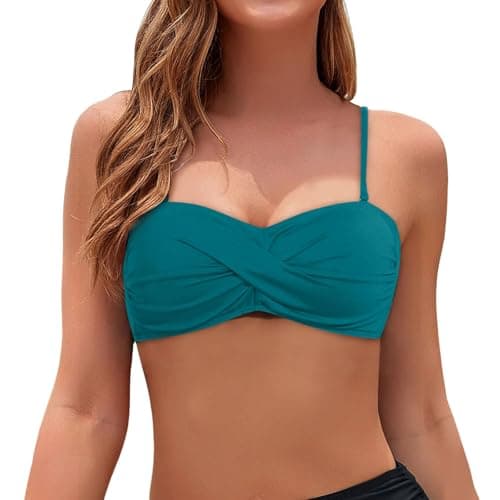 Image of Bandeau Top Spaghetti Strap Bikini Strapless Bikini Top Bandeau Swim Tops Tube Tops Swimsuit Blouse Swimsuits Women Bikinis Triangle Bikinis Push Up Bandeaus Padded Dark Green