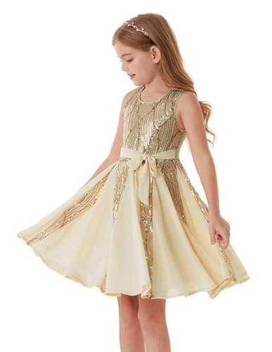 Image of GRACE KARIN Girls Sparkling Sequin Princess Dress Birthday Party Gown Summer Flower Girl Special Occasion Dress Festival Outfit Gold 8-10 Years