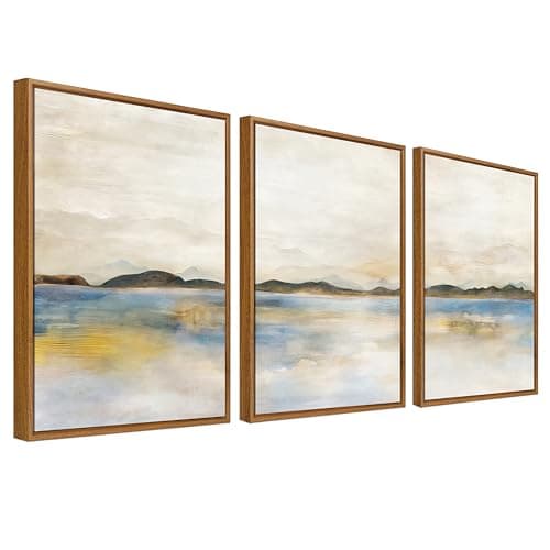 Image of Framed Canvas Wall Art Set of 3 Watercolor Yellow Blue Gray Pastel Painting Prints for Wall Poster Abstract Mountain Landscape Pictures for Living Room Bedroom Hallway 40x60cm x3pcs (No Acrylic Glass)