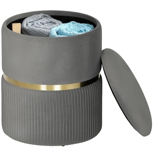 Image of HOMCOM Round Storage Stool, Velvet-feel Fabric Upholstered Vanity Stool with Removable Top, Padded Seat and Hidden Space for Living Room, Bedroom, Grey