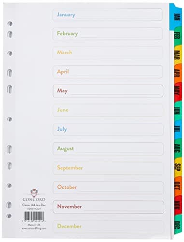 Image of Concord 02401/CS24 Index Multicolour-tabbed Mylar-Reinforced 4 Holes Jan-Dec A4 White Ref CS24
