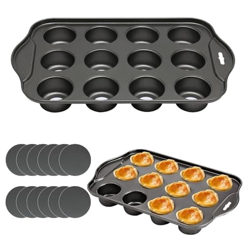 Image of 12 Cup Non-Stick Loose Bases Mini Sandwich Tin Baking Tray Carbon Steel Cupcake Mould Non Stick Coating Muffin Pan Reusable Removable Bottom Bakeware, Dishwasher Safe, 33x21x4cm