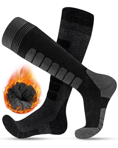 Image of FORVEVO Ski Socks for Men 9-12,Merino Wool Thermal Socks High Performance Cushioned for Winter,Snowboarding,Hiking 2 Pairs, Black & Darkgrey