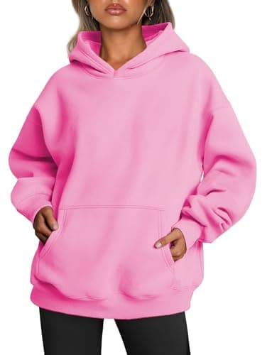 Image of Famulily Ladies Long Sleeve Oversized Hoodie Trendy Solid Color Crew Neck Vintage Pullover Sweatshirts Hot Pink S