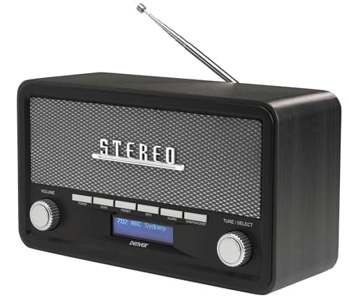 Image of Denver DAB-18 Vintage Style Stereo DAB/DAB+ & FM Radio – Real Wood Cabinet, Bluetooth, Clock Radio Alarm, AUX IN for Smart Phone/Tablet / MP3 Player – Mains or Battery