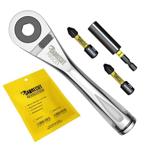 Image of 4 Piece SabreCut MRSC01K1 Mini Micro Ratchet 1/4" Hex Stainless Steel Professional 72 Tooth Gear Hand Ratchet Wrench with 32mm PH2 PZ2 Screwdriver Impact Bits and a Magnetic 60mm Impact Bit Holder