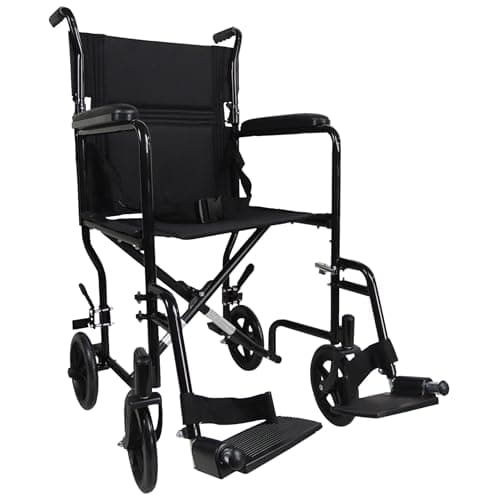 Image of Steel Compact Transit Chair – Lightweight 12kg Travel Wheelchair with Foldable Backrest and Padded Armrests, Adjustable Swing-Away Footrests (Black)