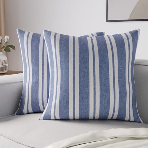 Image of Encasa XO Cushion Covers 2 pcs set (40x40 cm) - Franca Blue Stripes - Decorative Large Square Colourful Washable Eco - Cotton, Throw Pillow Cases for Living Room, Sofa, Bedroom, Home & Hotel