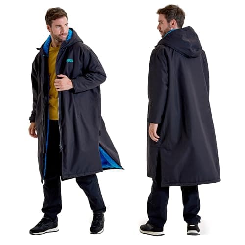 Image of Snuggz Changing Robe Black and Blue Unisex Adult S/M - Oversized Dry Robe, Showerproof & Wind-Resistant Hooded Surf Poncho, Long Sleeve with Two-Way Zip - 100% Polyester Outdoor Fleece Jacket
