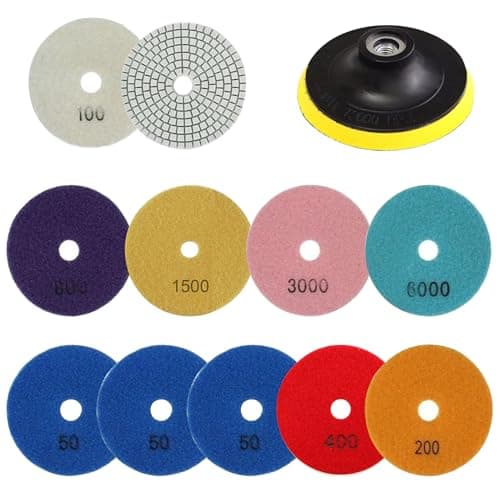 Image of Skibetfo Set of 12 Diamond Polishing Pads 4 Inch with M14 Backer Pad,100mm Wet/Dry Tile Polishing Pads for Granite Concrete Marble Stone Quartz,50-6000 Polishing Grit Pads for Grinder Polisher