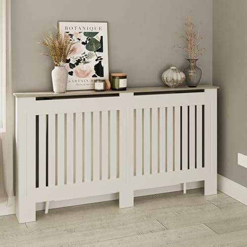 Image of GFW Longslow Large White Radiator Cover Slatted Wood Design Top Shelf Display Living