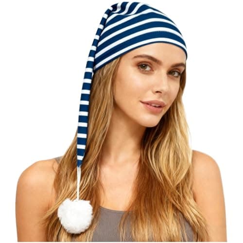 Image of Runhomal Women Men Adjustable Striped Christmas Hat Night Sleeping Cap Xams Sleep Hat Pointed Cap with Pompom Ball and Tassel Navy Blue White One Size